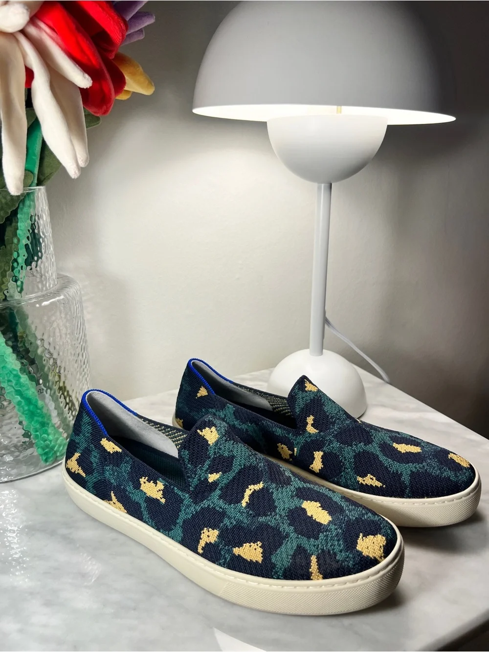 Rothy’s Original Slip On Sneaker Navy Teal Yellow Leopard Knit Shoes Size 11